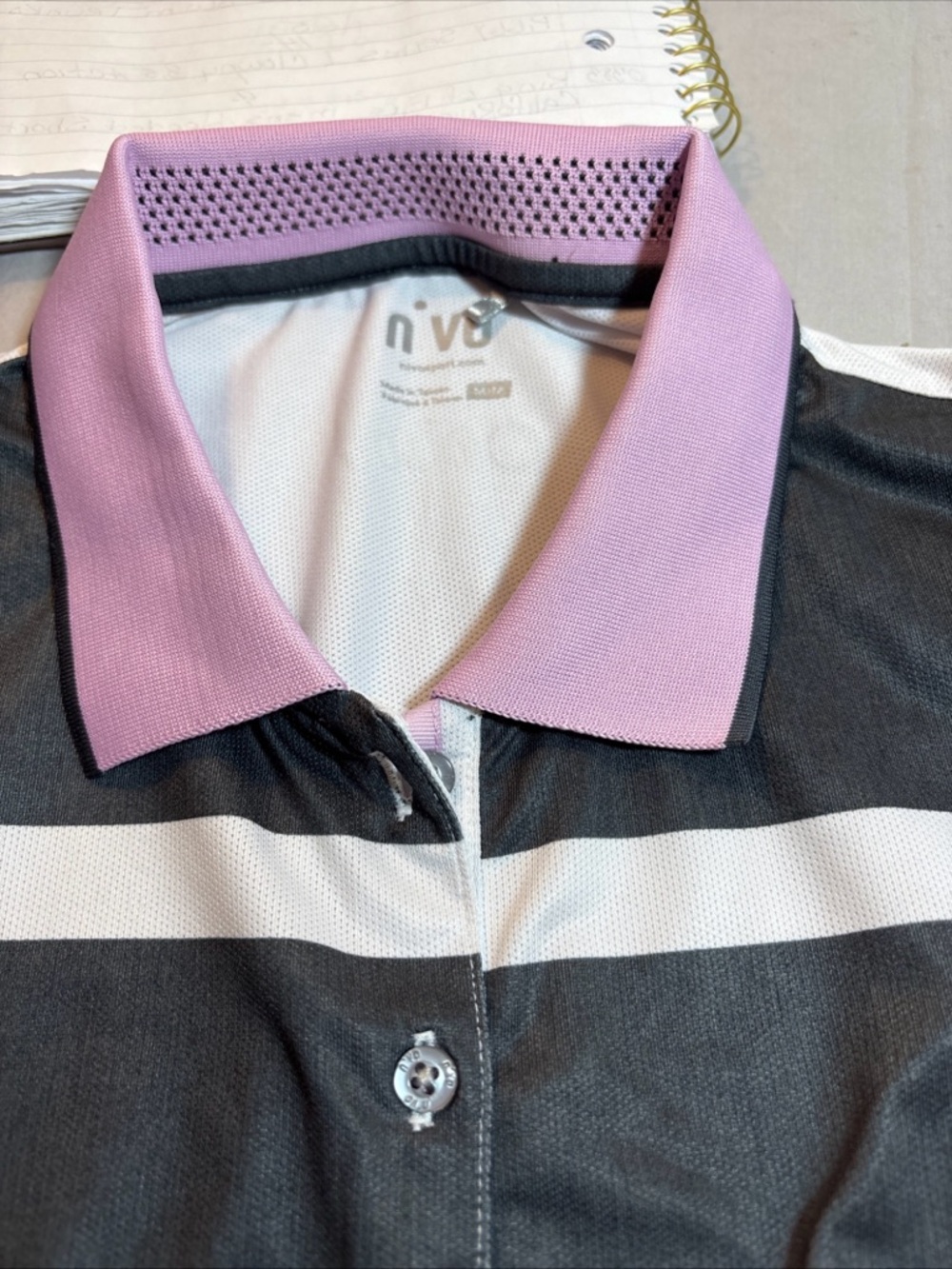 Nivo women’s golf  Black & White Striped Polo with Pink Collar 384